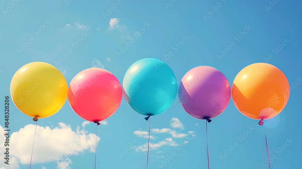 Colorful balloons floating against a clear blue sky create a festive and cheerful atmosphere. Perfect for party decor and celebration themes. Colorful balloons floating against a clear blue sky create a festive and cheerful atmosphere. Perfect for party decor and celebration themes.