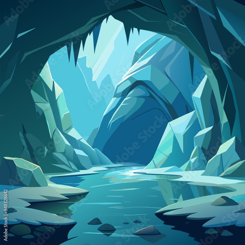 A cave with a river running through it. The cave is dark and cold, with a blue sky above. The water is calm and clear, reflecting the sky above. The scene is peaceful and serene
