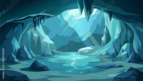 A cave with a river running through it. The cave is dark and cold, with a blue sky above. The water is calm and clear, reflecting the sky above. The scene is peaceful and serene