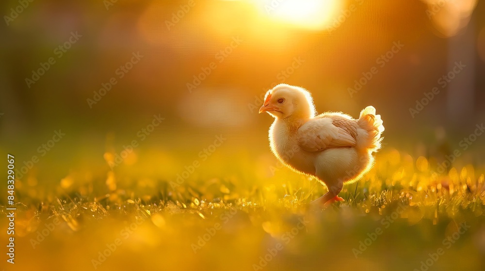 Cute baby chick standing on green grass basking in warm sunlight during golden hour in a bright, natural and serene outdoor setting. Cute baby chick standing on green grass basking in warm sunlight during golden hour in a bright, natural and serene outdoor setting.