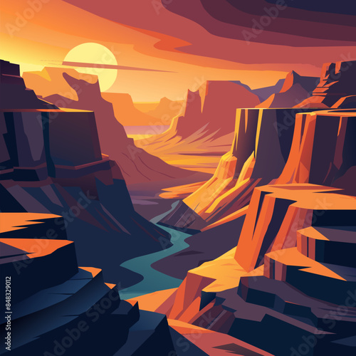 A desert landscape with a river running through it. The sky is orange and the sun is setting
