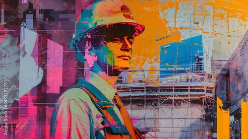 Surrealist Pop Art Construction Worker in Vibrant Mixed Media Collage
