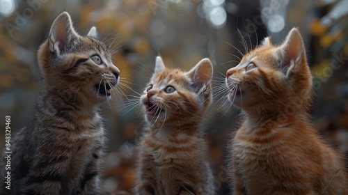 An adorable trio of kittens gazing upward with curiosity and playful expressions on their blurred background