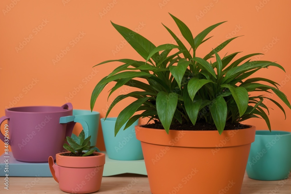 Fototapeta premium A colorful plant in a pastel orange pot with room for words