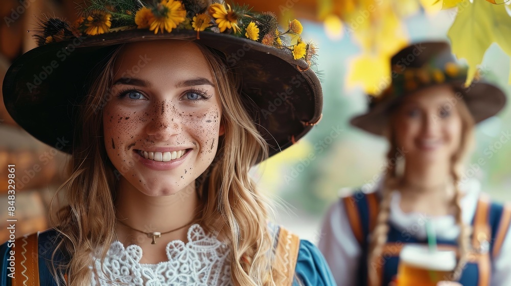 A smiling young woman dons traditional attire with freckles and a flower-adorned hat, exuding cultural vibe A smiling young woman dons traditional attire with freckles and a flower-adorned hat, exuding cultural vibe