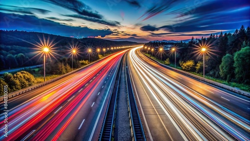 Long exposure shot of a highway at night with captivating light trails , Long exposure, highway, night, lights, trails, motion © sompong