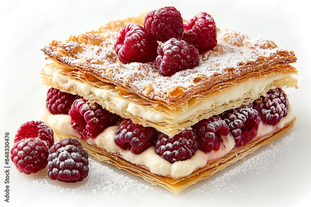Delicious layered pastry with fresh raspberries and creamy filling, topped with powdered sugar. Perfect for dessert or special occasions, white background Delicious layered pastry with fresh raspberries and creamy filling, topped with powdered sugar. Perfect for dessert or special occasions, white background