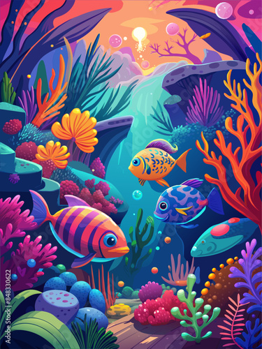 A colorful underwater scene with three fish swimming in the water. The fish are surrounded by various plants and rocks, creating a vibrant and lively atmosphere