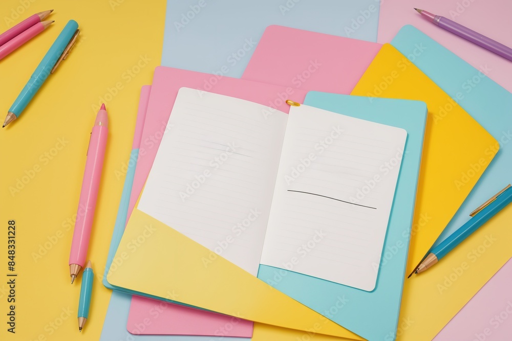 A vibrant notebook on a pastel yellow background with room for words A vibrant notebook on a pastel yellow background with room for words