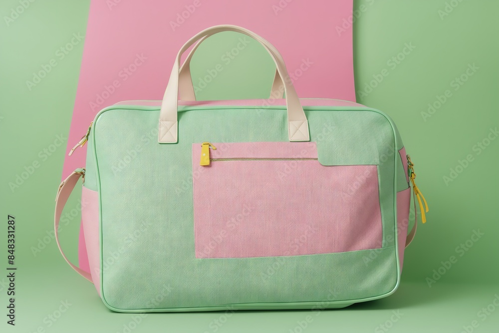 A bright travel bag on a pastel green backdrop with text space A bright travel bag on a pastel green backdrop with text space