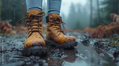 Close-up of someone's feet in yellow boots walking through muddy terrain with a blurred forest background