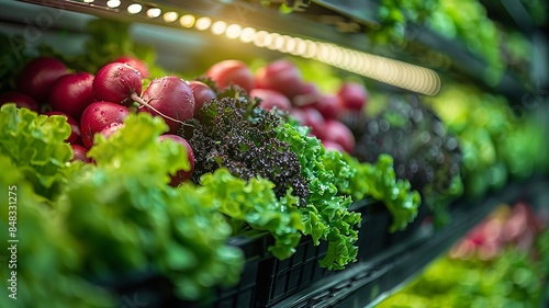 Organic vegetables and fruits on a supermarket shelf