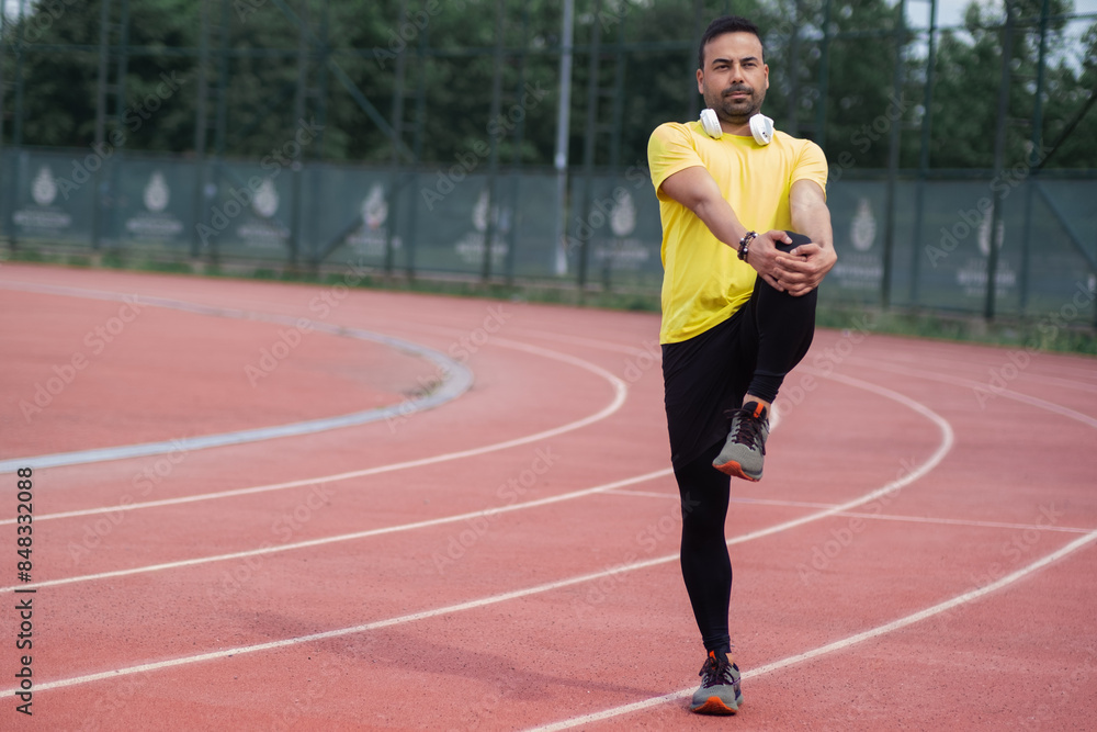 Obraz premium Dynamic runner with wireless headphones limbers up leg muscles on rubber running track at urban park's sports field.