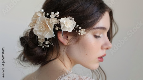 The comb consists of delicate lace or tulle flowers.