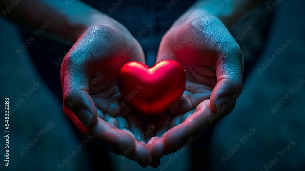 Hands holding a glowing red heart, symbolizing love, care, and compassion in a dark and contemplative environment. Hands holding a glowing red heart, symbolizing love, care, and compassion in a dark and contemplative environment.