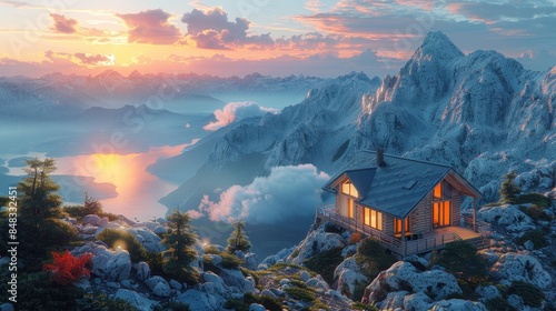 A beautiful alpine scene with a cozy cabin overlooking a scenic lake at sunrise, surrounded by rugged mountains photo