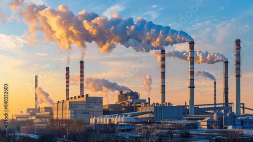 Industrial power plant with multiple smokestacks releasing emissions at sunset, highlighting environmental and energy concepts.
