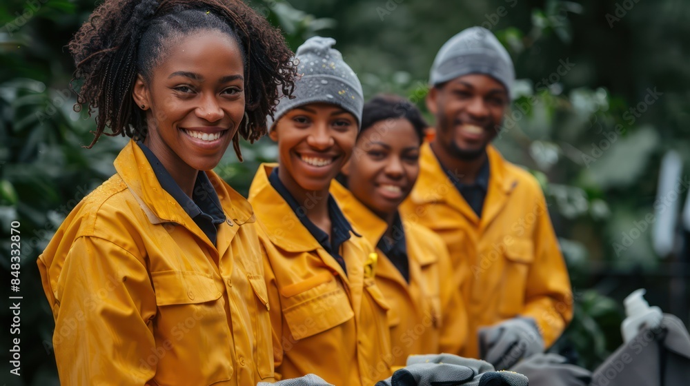 Cleaning staff are dressed in uniforms and gloves. Cleaning staff are dressed in uniforms and gloves.