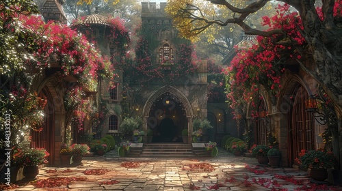 A beautiful garden with blooming arches and ivy-covered walls that surround a mysterious medieval building photo