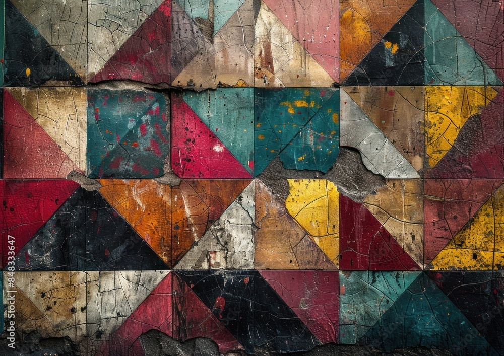 Abstract geometric acrylic artwork on a wall of distressed tiles Abstract geometric acrylic artwork on a wall of distressed tiles