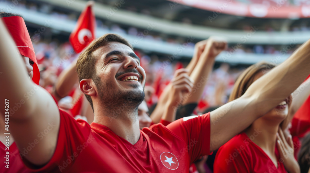 Turkish football soccer fans in a stadium supporting the national team, Ay-Yildizlilar
Turkish football soccer fans in a stadium supporting the national team, Ay-Yildizlilar