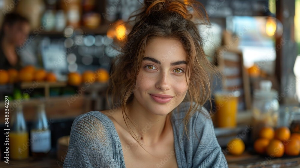 A young smiling woman with natural makeup looking at the camera in a warmly lit cafe setting A young smiling woman with natural makeup looking at the camera in a warmly lit cafe setting