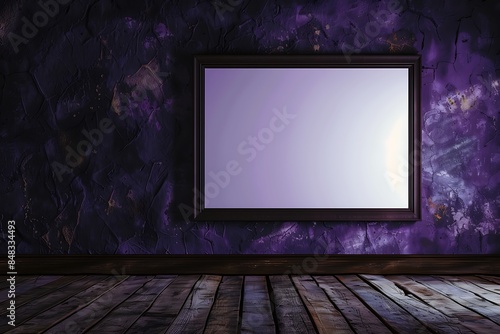 A dark amethyst wall showcasing a single large rectangular empty blank picture frame, positioned slightly off-center with a rustic wooden floor beneath. The frame is illuminated softly.