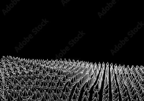 Abstract 3d background with surface of wireframe pyramids, in retro computer style. Y2k low poly grid graphics