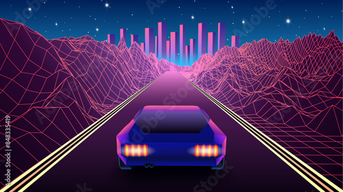 Neon car in 80s synthwave style racing to the city through mountain canyon. Retrowave auto illustration with car on the grid landscape road, in 90s arcade game style