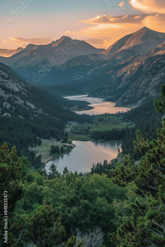 Sunset landscape of the lake, mountains and pine forest