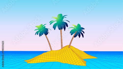 Lonely island with palms on the sandy beach, in retro computer style. Vaporwave palm island in the ocean