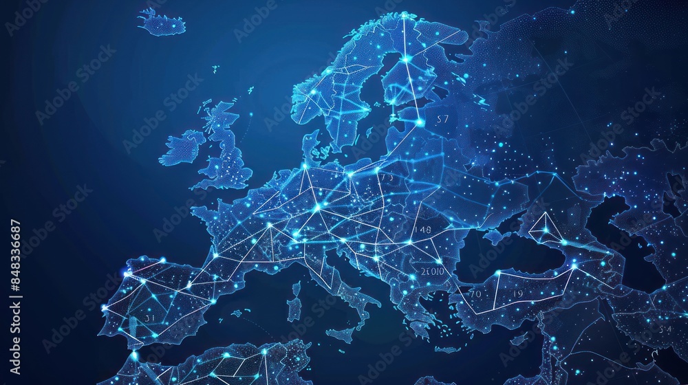 Western Europe map illustration with abstract digital background, concept and global network connectivity with cyber technology. Ai generated Western Europe map illustration with abstract digital background, concept and global network connectivity with cyber technology. Ai generated