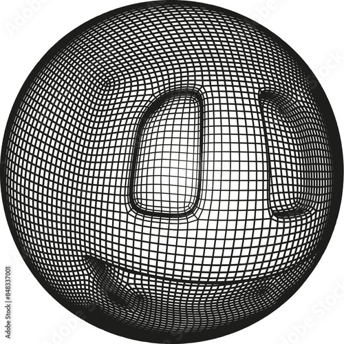 Smile ball 3D emoticon in y2k or brutalism style. Grid or wireframe emoji, in retro computer style