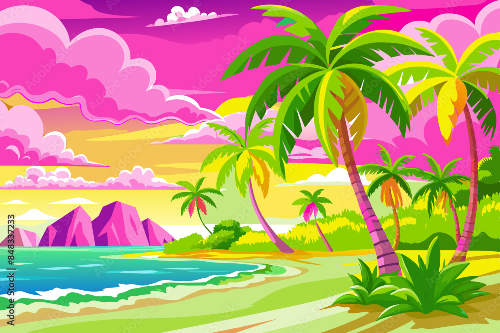 Exotic beach sunset with palm trees and ocean. Colorful evening sky over tropical beach and palms. Scenic sunset view with purple sky and sandy beach. Нolidays and travel, tourism, family resort Exotic beach sunset with palm trees and ocean. Colorful evening sky over tropical beach and palms. Scenic sunset view with purple sky and sandy beach. Нolidays and travel, tourism, family resort