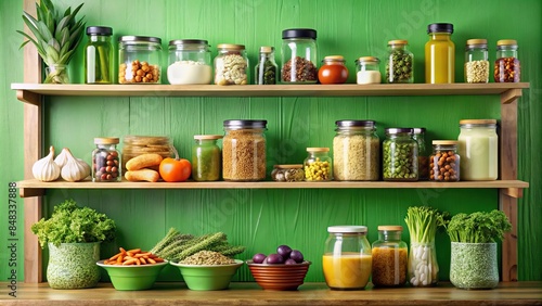 Vegan food products displayed on a green shelf , Plant-based, healthy, organic, grocery, vegetarian, alternative