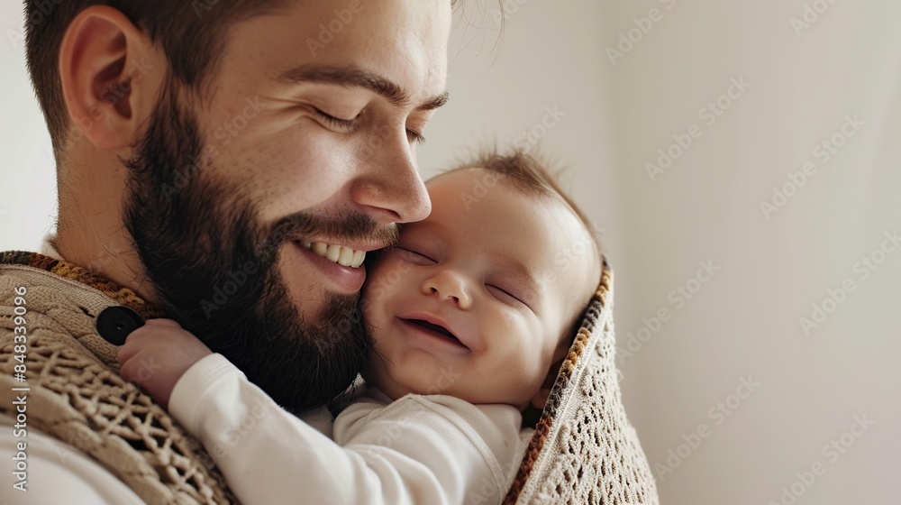 the father holds the child in a sling and smiles on a white background the father holds the child in a sling and smiles on a white background