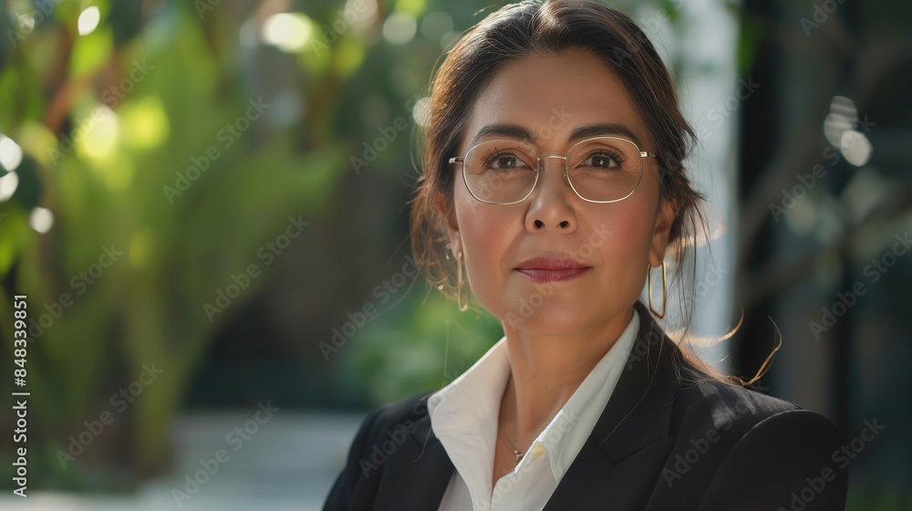 beautiful middle age Indonesian woman wearing glasses and business suit, outdoors, natural lighting. woman business executive manager success beautiful middle age Indonesian woman wearing glasses and business suit, outdoors, natural lighting. woman business executive manager success