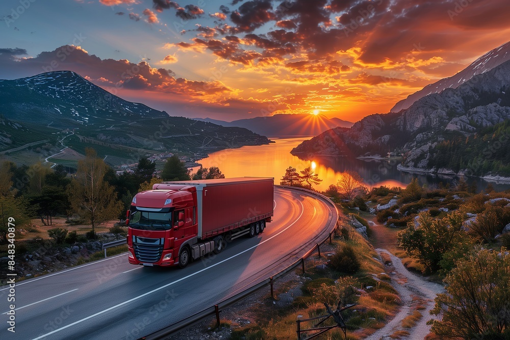 A red semi truck is driving down a road with a beautiful sunset in the background. Concept of adventure and freedom, as the truck travels through the mountains and along the winding road A red semi truck is driving down a road with a beautiful sunset in the background. Concept of adventure and freedom, as the truck travels through the mountains and along the winding road