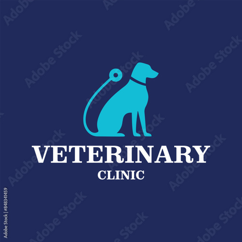 Veterinary logo with a blue dog in the form of a minimalist silhouette