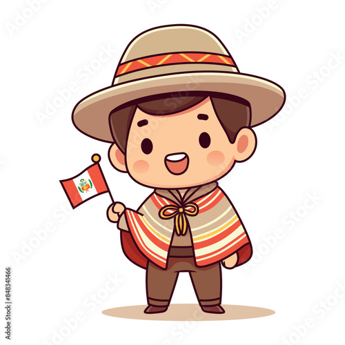 Andean Peruvian boy holding a flag of Peru with pocho and hat