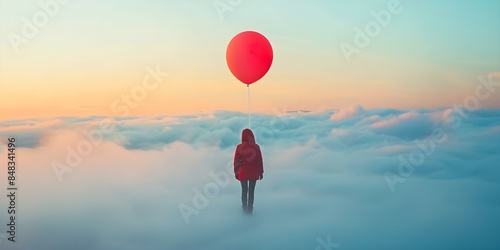 Urban residents use balloons to rise above pollution and float above toxic fog. Concept Environmental Pollution, Balloon Innovation, Urban Living, Climate Change, Clean Air Solutions photo