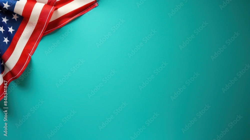 plain turquoise background with a USA flag theme in the corner and copy space for text on the left plain turquoise background with a USA flag theme in the corner and copy space for text on the left