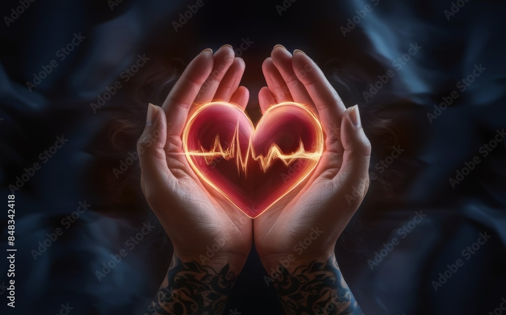 In the palm of my hand is a heart with a cardiogram.