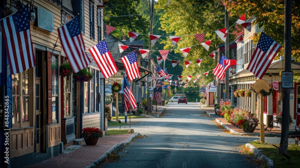 quaint small-town main street decked out in patriotic banners and flags quaint small-town main street decked out in patriotic banners and flags
