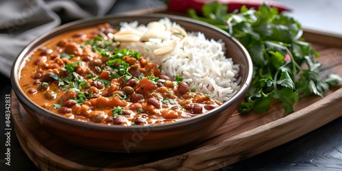 Rajma Masala Curry with Basmati Rice on Wooden Tray A Close-Up Shot. Concept Close-Up Photography, Food Styling, Culinary Art, Indian Cuisine, Wooden Background