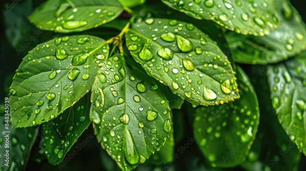 green leaves with water droplets, symbolizing the freshness and vitality of nature, with copy space for text or design. green leaves with water droplets, symbolizing the freshness and vitality of nature, with copy space for text or design.