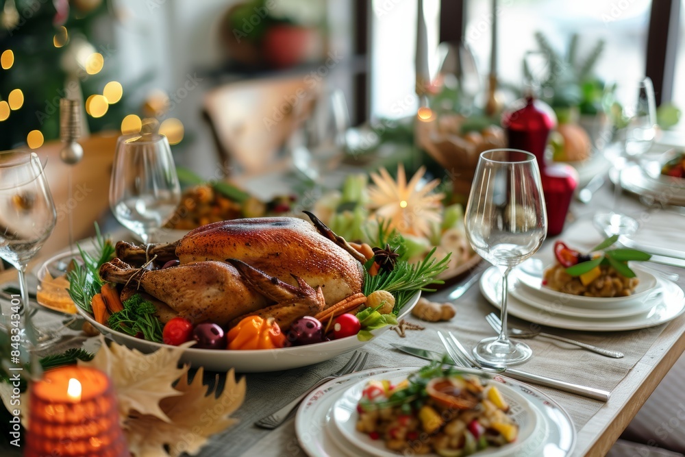 Festive Holiday Table with Gluten-Free Dishes and Roasted Turkey for Thanksgiving Celebration Festive Holiday Table with Gluten-Free Dishes and Roasted Turkey for Thanksgiving Celebration