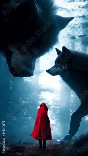 Little Red Riding Hood walks between wolves photo