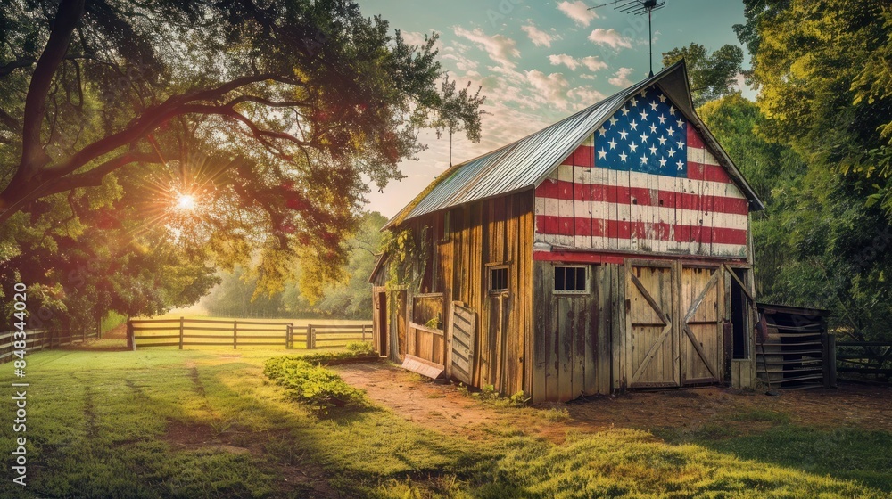 rustic barn painted with the American flag, set in a peaceful countryside rustic barn painted with the American flag, set in a peaceful countryside