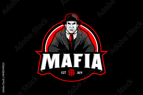 Man in fedora hat and suit cartoon character vector logo template